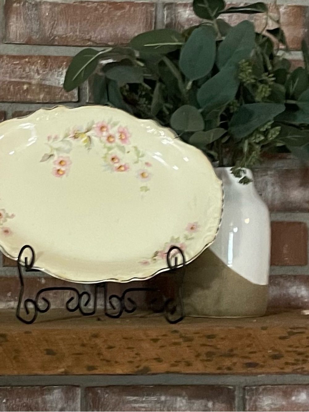 Vintage Cream Platter with Pink Floral Accents